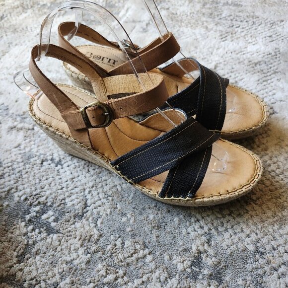 Born Wedge Sandals Women's 9 Blue Fabric Tan Leather Comfort Espadrille Platform - Picture 2 of 9